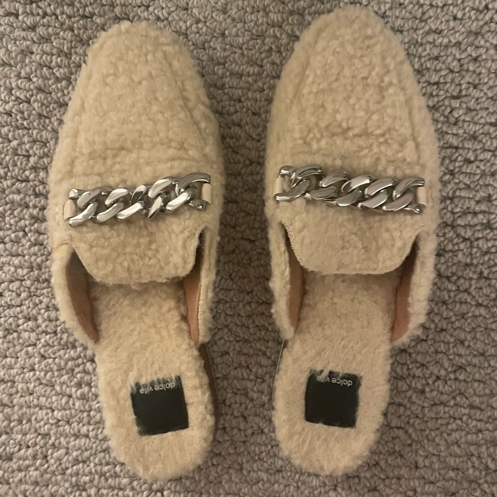 Dolce Vita Cream Fuzzy Mules with Chain Detail